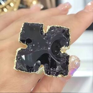 Huge Obsidian Crystal Maltese Cross Etruscan Statement Ring